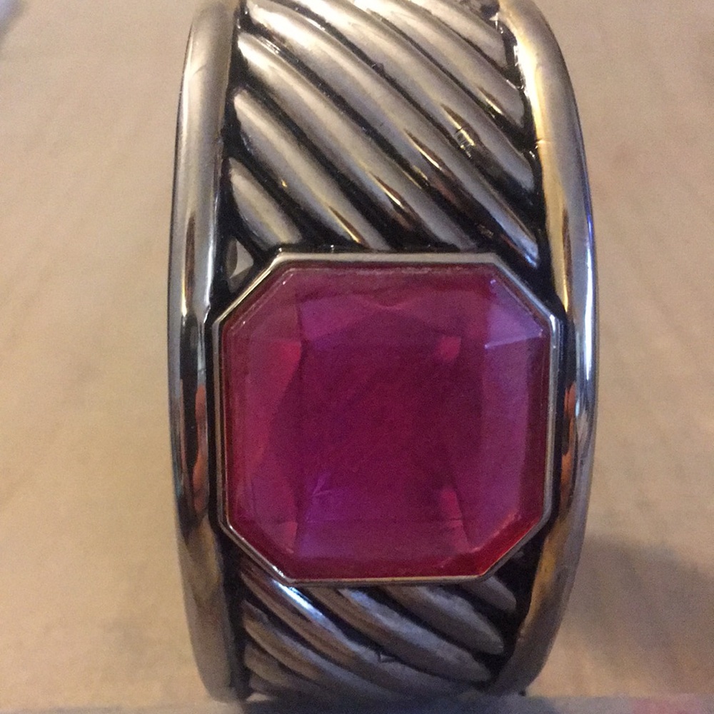 SOLD Chunky Silver Faceted Pink Gem Clamper Bracelet - Picture 3 of 3